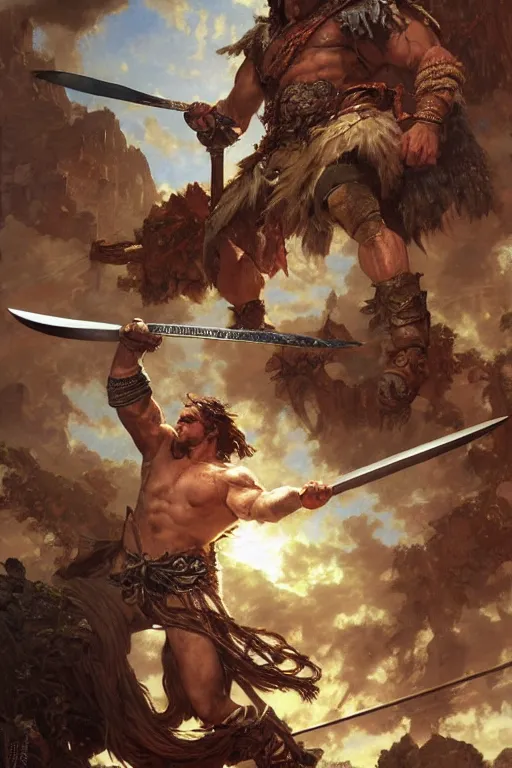 Image similar to muscular male barbarian stabbing the sky, intricate details, large sword, by Stanley Artgerm Lau, by greg rutkowski, by thomas kindkade, by alphonse mucha, loish, by norman rockwell J.