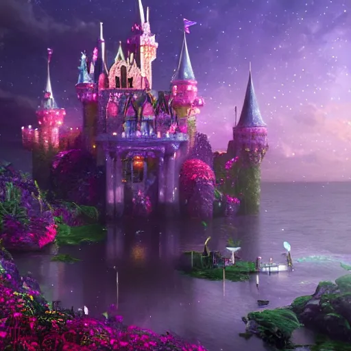 Image similar to a single glittering fairy castle at night, a full moon, water and colourful flowers, extremely detailed oil painting, unreal 5 render, fantasy digital art, octane render, beautiful composition, trending on artstation, award-winning photograph, masterpiece