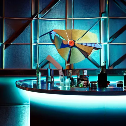 Image similar to a 3 d rendered movie still, 4 k, wide - angle medium - shot. on top of a bar, a blue hawaiian martini martini next to a small origami bird. a dart board on a wall in the background. it's happy hour, high - energy. imax, 7 0 mm dramatic lighting, digital art, photorealistic, ultra detail blade runner