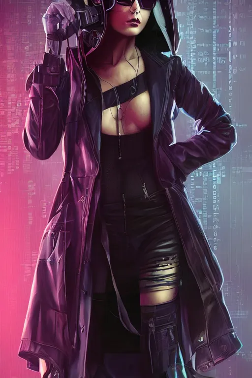 Prompt: Cyberpunk hacker, trenchcoat, by WLOP and artgerm, illustration, portrait