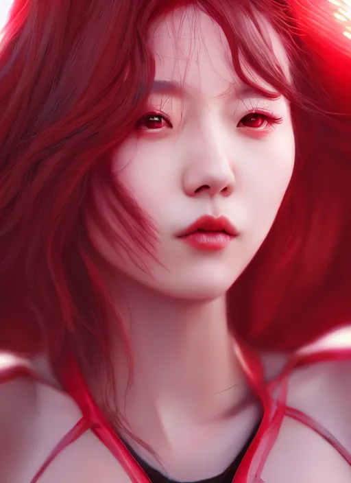 Image similar to kpop scarlet witch, naturel, hyper detailed, digital art, trending in artstation, cinematic lighting, studio quality, smooth render, unreal engine 5 rendered, octane rendered, art style by klimt and nixeu and ian sprigger and wlop and krenz cushart