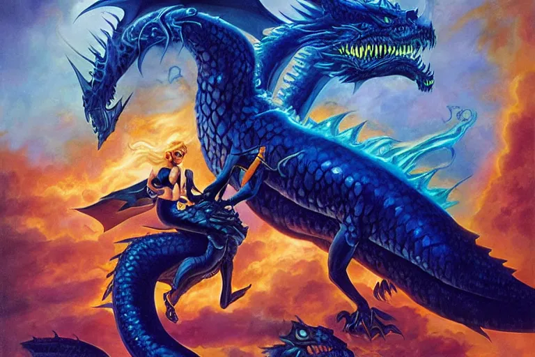 Prompt: epic amazon girl riding a large black dragon spewing blue fire, Boris Vallejo, Julie Bell