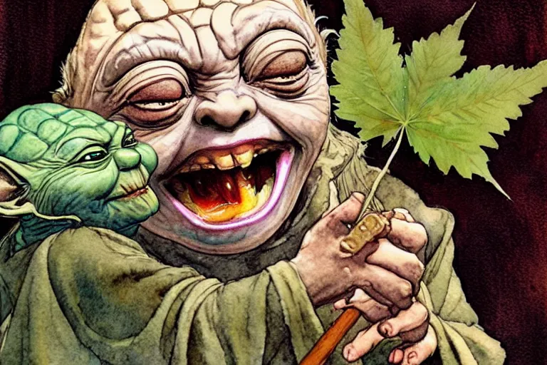 Image similar to a realistic and atmospheric watercolour fantasy character concept art portrait of yoda with bloodshot eyes laughing holding a blunt with a pot leaf nearby, by rebecca guay, michael kaluta, charles vess and jean moebius giraud