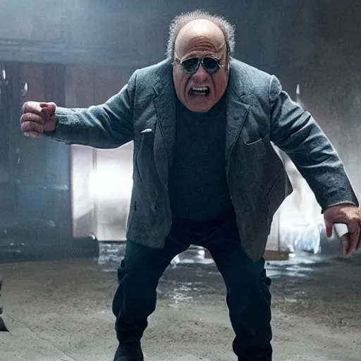 Prompt: danny devito as logan showing his adamantium claws in the movie logan