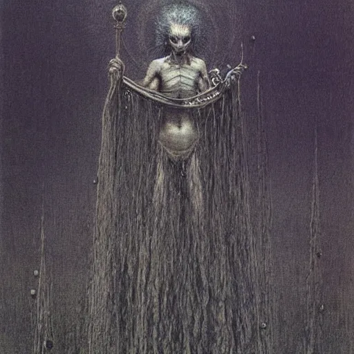 Image similar to ((black magic sorcerer with a book of spells)) by Beksinski, Luis Royo