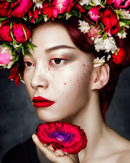 Prompt: Portrait of a woman, close-up, high sharpness, zeiss lens, fashion photo shoot, peony flowers, red hair, red lipstick, in the background of gold, on their face stratsEnni Leibovitz and Steve McCurry, David Lazar, Zhong Lin, Jimmy Nelsson, Eiko Hosoe , artistic, hyper-realistic, beautiful face, octane rendering