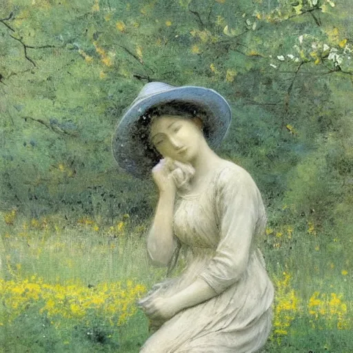 Image similar to by silvestro lega, by lorenz hideyoshi robust, subdued. a sculpture of a beautiful landscape, delicate brushstrokes. peaceful & serene, with a gentle breeze blowing through the trees & flowers. colors are muted & gentle, calm & tranquility. well balanced & harmonious. color & composition, pleasing to the eye & calming to the soul.