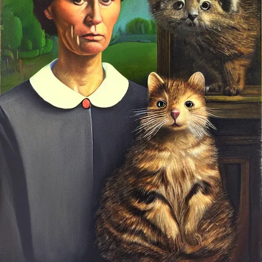 Image similar to portrait painting of cat and quokka in the style of american gothic