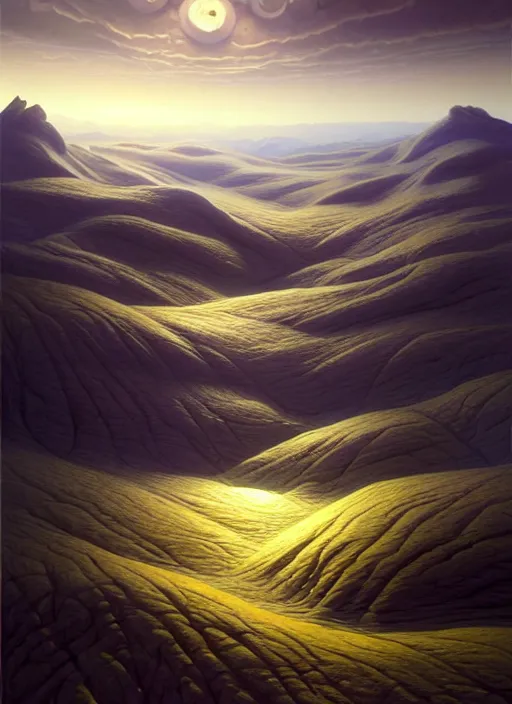 Image similar to a hyper - detailed 3 d render like a oil painting of dawn in the low - poly hills, surrealism!!!!! surreal concept art, lifelike, photorealistic, digital painting, aesthetic, smooth, sharp focus, artstation hd, by greg rutkowski, chris tulloch mccabe, valentina remenar, krenz cushart and asher duran,