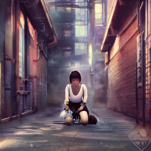 Prompt: perfect, realistic oil painting of japanese schoolgirl kneeling, in sci-fi dystopian alleyway, by an American professional senior artist, Hollywood concept, dynamic composition and motion, postproduction.