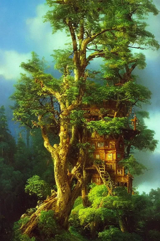 Image similar to oil painting of a fantasy treehouse by ivan shishkin and aivazovsky, highly detailed, masterpiece