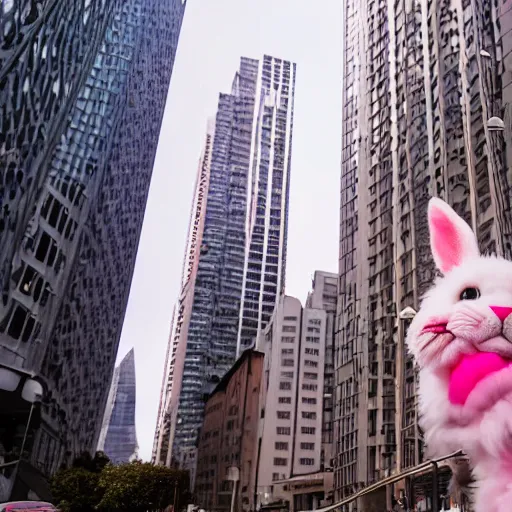 Prompt: a cute pink rabbit in the middle of a busy street with skyscrapers, low angle camera, cinematic, very detailed, 8 k, depth of field