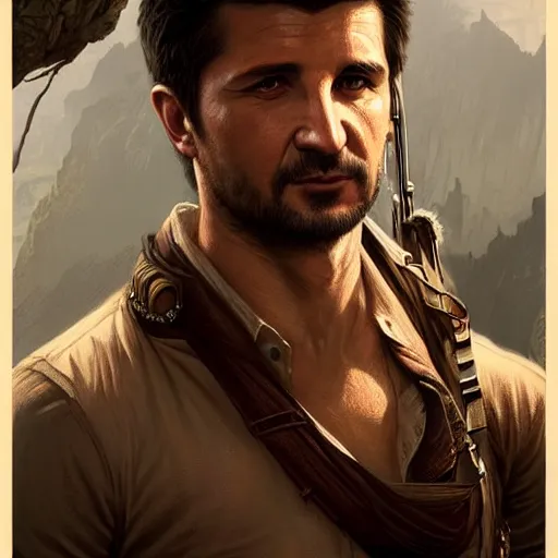 Image similar to Volodymyr Zelensky as Nathan Drake, D&D, fantasy, intricate, elegant, highly detailed, digital painting, artstation, concept art, matte, sharp focus, illustration, art by Artgerm and Greg Rutkowski and Alphonse Mucha