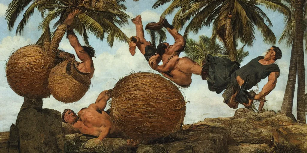 Prompt: make good cannonballs up against the eaves,, silly, coconuts,