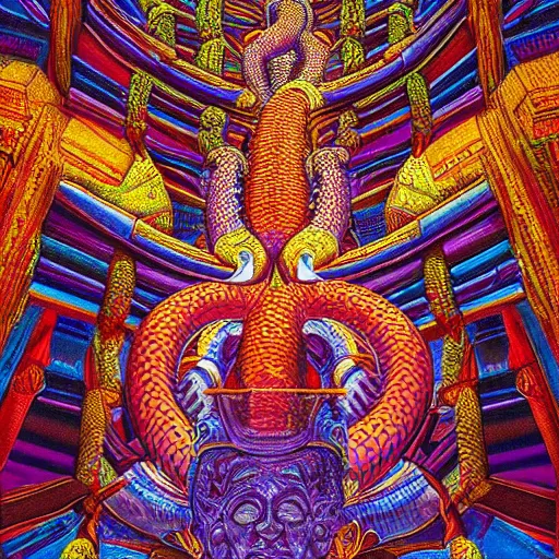 Image similar to person inside a temple made of serpents. Hyperdetailed photorealism, 108 megapixels, amazing depth, glowing rich colors, powerful imagery, psychedelic Overtones