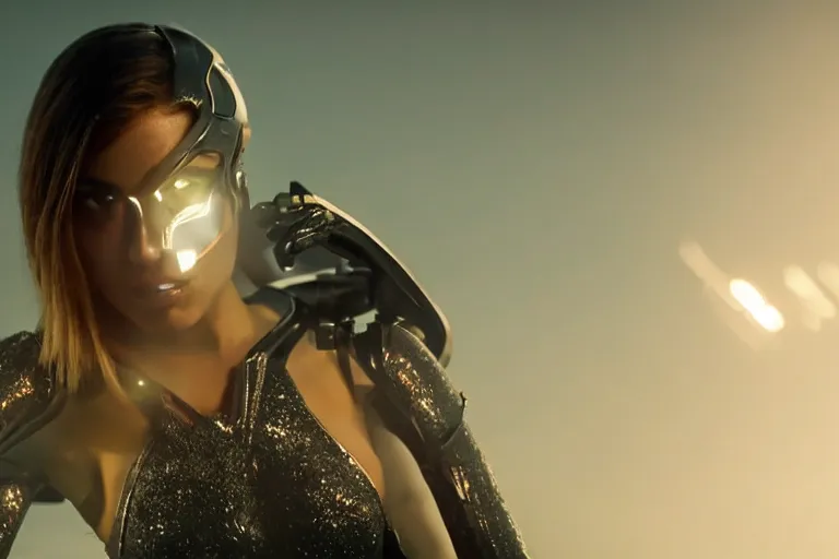 Prompt: VFX movie closeup of a gorgeous futuristic robot woman in black spandex armor in future city, hero pose, beautiful skin, natural city night lighting by Emmanuel Lubezki