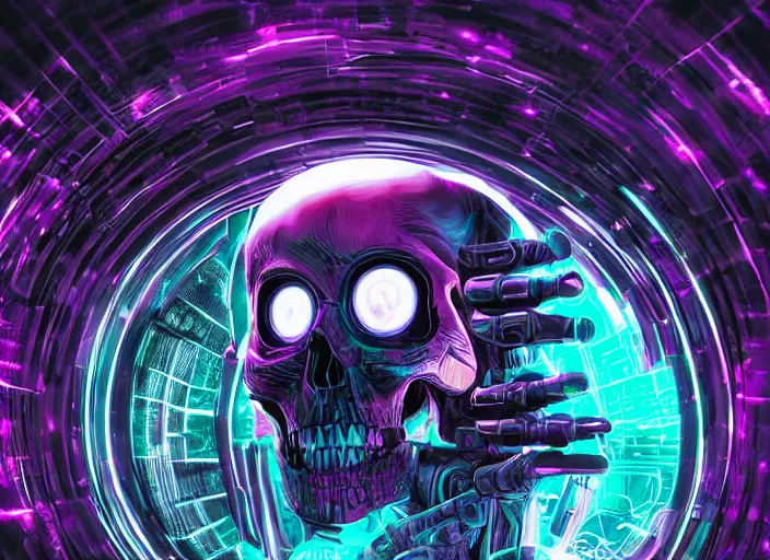 Prompt: a futuristic skull with glowing eyes and a wormhole tunnel, cyberpunk art by dan mumford, behance contest winner, computer art, darksynth, synthwave, rendered in cinema 4 d