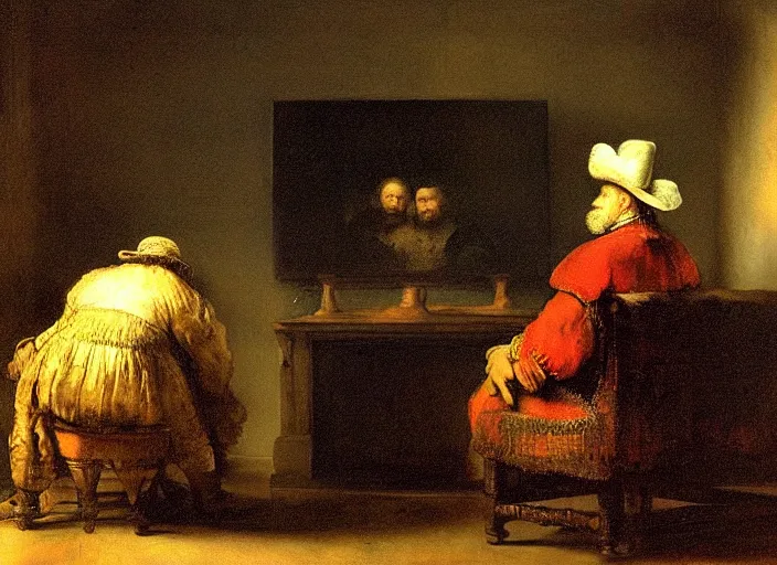 Prompt: man watching television. painting by rembrandt