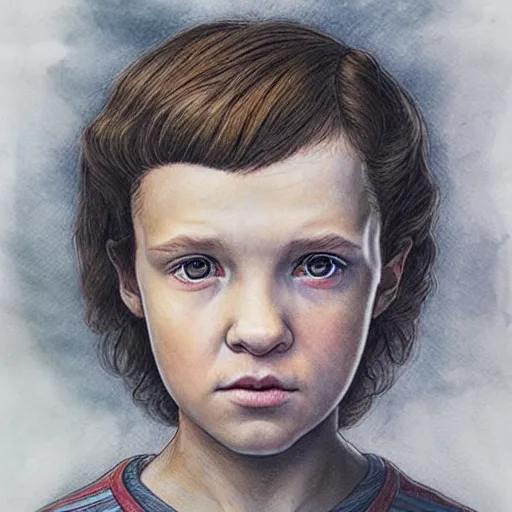 Prompt: portrait of Eleven from the stranger things by (((Marco Mazzoni ))) marco mazzoni ,dark ,detailed!! ,(((flowers on hair))) ,portrait,