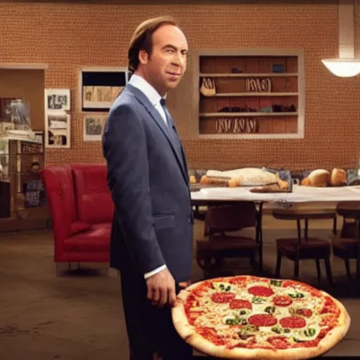 Image similar to Saul Goodman eating a gigantic pizza covering an entire room