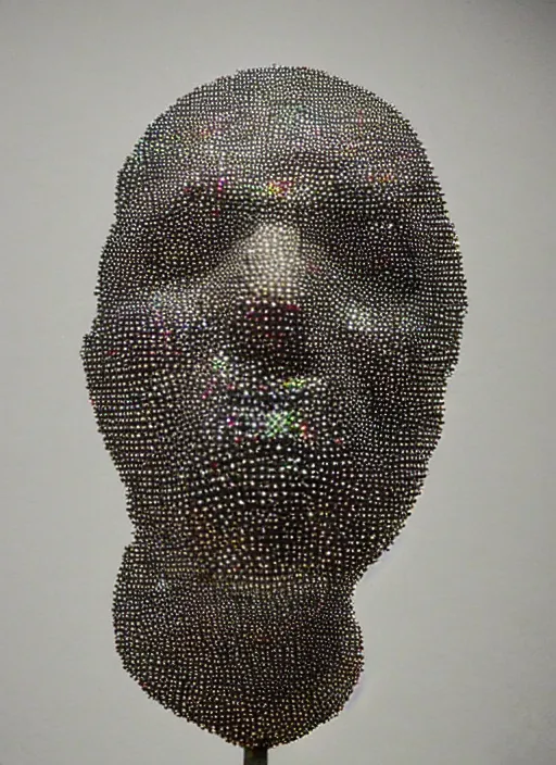 Prompt: a figurative sculpture made of one million tiny reflective spheres