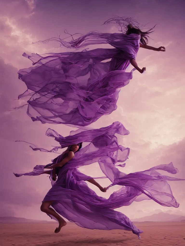 Prompt: full lenght flowing twisted clothes like tornado a young tuareg woman, many fabric, stones near foot, wind, stands on sand, full body shot, dark background, pastel purple colour scheme, giant gladiola betta fish!! jellyfish phoenix fire energy flow, highly detailed. by wlop, tooth wu, greg rutkowski, alena aenami, beeple