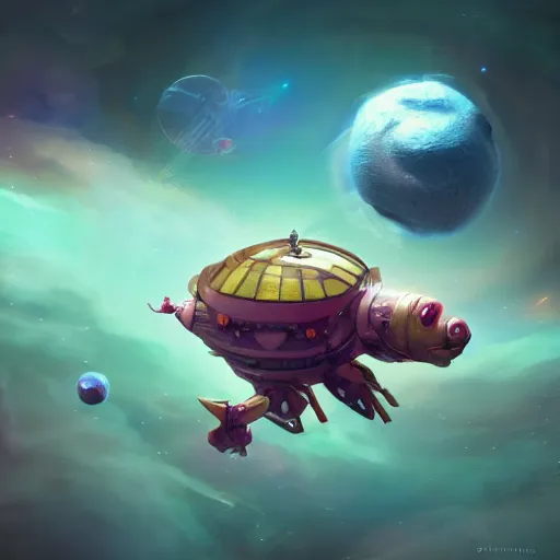 Image similar to 3D Fantasy Cute and adorable alien piggy spacecraft flying through space, bright stars, Smooth 3D Illustration, soft render, Servando Lupini, Daniil Kudriavtsev, handpaint texture, Blender, 3DCoat