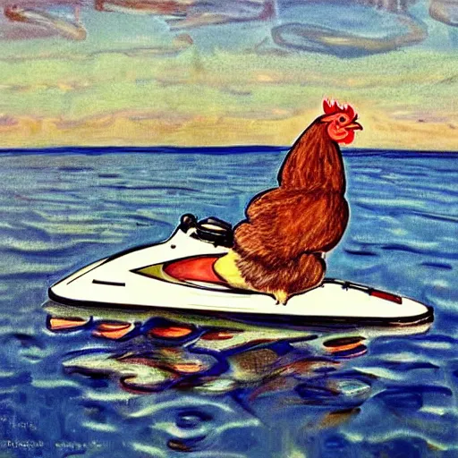 Image similar to digital art of a chicken on a jet ski, realistic, stylized, artstation, edward munch