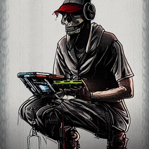 Image similar to cyberpunk skeleton maintenance worker fixing a modem, sharp lines, digital, artstation, colored in