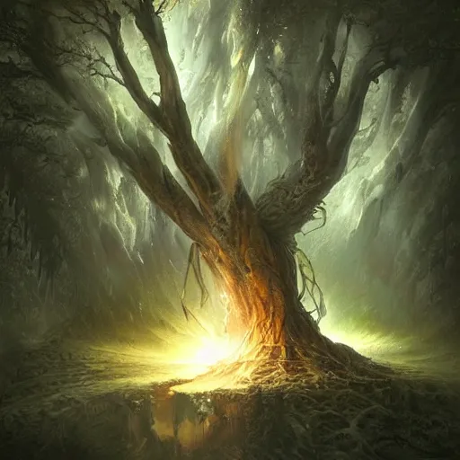 Prompt: a hyperdetailed 3 d matte painting of a light flow stream of energy comes out of the soul of a tree from the light by art by greg rutkowski artgerm