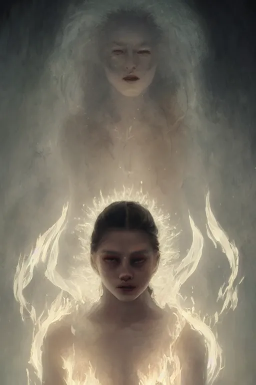 Image similar to a beautiful portrait of a young Demon women covered in white flames with an intense look on her face by Greg Rutkowski, Sung Choi, Mitchell Mohrhauser, Maciej Kuciara, Johnson Ting, Maxim Verehin, Peter Konig, Bloodborne , 8k photorealistic, cinematic lighting, HD, high details, atmospheric , trending on artstation