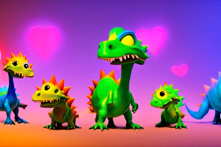 Image similar to pixar designed cute, smiling chibi style baby dinosaurs made entirely out of glowing electrified hypercolor plasma, having fun inside a psychedelic realm made entirely out of love and acceptance and hypercolors. astral beings sharing love. renderman, ray tracing, symmetrical faces, 3 d models