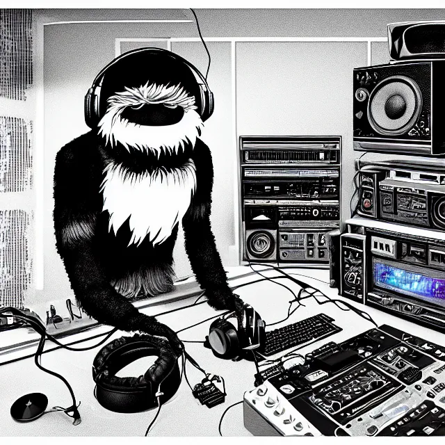 Prompt: a portrait of an anthropomorphic cyberpunk yeti podcasting while working in his secret electronics lab, detailed render, tape deck, studio microphone, boombox, headphones, epic composition, cybernetics, 4 k realistic, cryengine, realistic shaded lighting, sharp focus, masterpiece, by matteo scalera, gary montalbano, peter elson in the style of the tokyo ghost comic