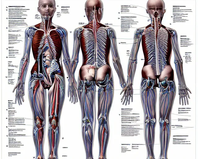 Image similar to female synthetic human, highly detailed labeled medical anatomy poster anatomical drawing, high resolution