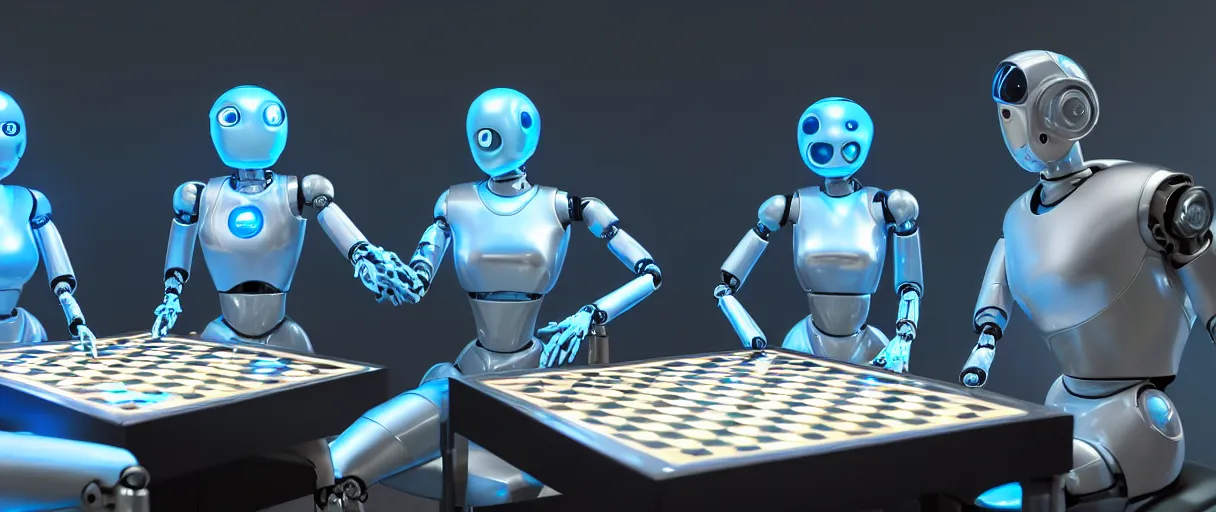 Prompt: a highly detailed photo of two futuristic matte blue full humanoid robots with glowing led eyes and chrome accents, sitting on large midcentury recliners facing off in an intense game of checkers. cinematic movie photograph, cinematic lighting, arri alexa, extremely detailed, smooth, very very clean, 8 k, octane render, maya render, unreal engine, trending on artstation, dslr