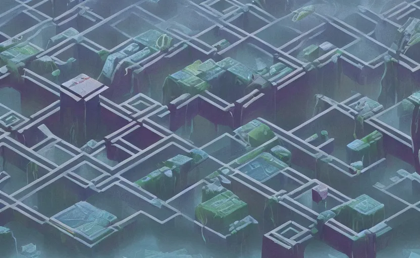 Image similar to hyperrealist painting of 1 0 flying cubes from independence day ( 1 9 9 6 ) in a flooded monument valley stonehenge jungle. 1 9 7 0 s science fiction, moody, misty, depth perception, 4 k, artstation, in the style of studio ghibli