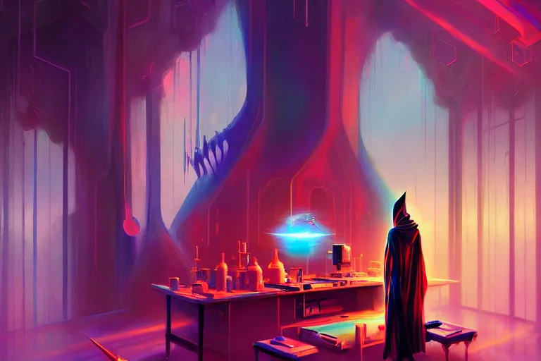 Prompt: a beautiful masterpiece painting of a technomancer wizard in robes with pointed hood discussing sentience with his synthesized AI djinn in his laboratory near a computer by Remedios Varo and Anato Finnstark and Greg Rutkowski, dayglo pink, dayglo blue, dazzle camouflage, 8k, trending on ArtStation