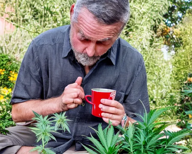 Image similar to mr robert is drinking fresh tea, smoke weed and meditate using his feet in a garden from spiral mug, he has dark grey hairs, detailed glad face, chest legs, visible belly, happy toes, golden hour closeup photo, red elegant shirt, eyes wide open, ymmm and that smell