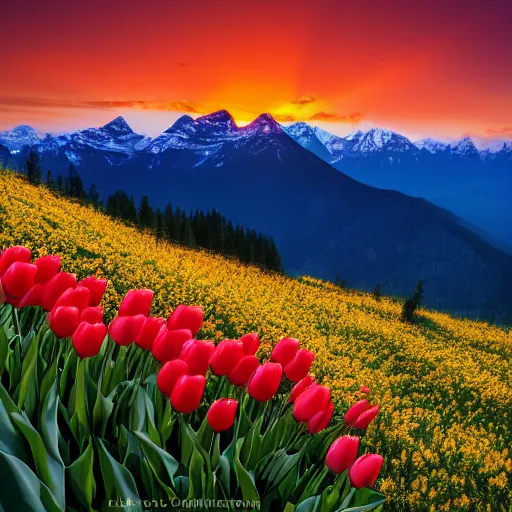 Prompt: beautiful mountain landscape during sunset with tulips and lightrays