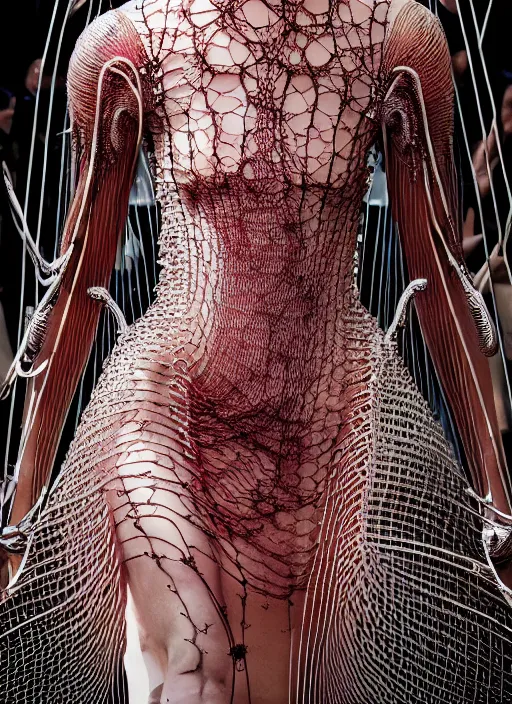 Image similar to walking down the catwalk, steven klein, show, stage, vogue photo, podium, fashion show photo, historical baroque dress, iris van herpen, beautiful woman, full body shot, masterpiece, intricate, wires, veins, jellyfishs, biopunk, guyver, highly detailed