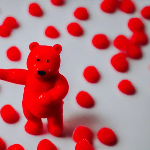 Prompt: a super cute red gummibear is exploding, extreme amount of particles, view from the front, macro lens, on a white table, white background