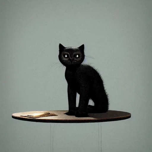 Prompt: A little black kitty sitting on a table, Graceful body structure,cute,Symmetrical face,highly detailed,elegant,Marc Simonetti and Caspar David Friedrich, Trending on artstation