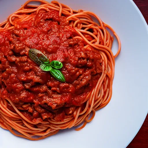 Image similar to hyperrealistic top view photo of spaghetti with bolognese sauce