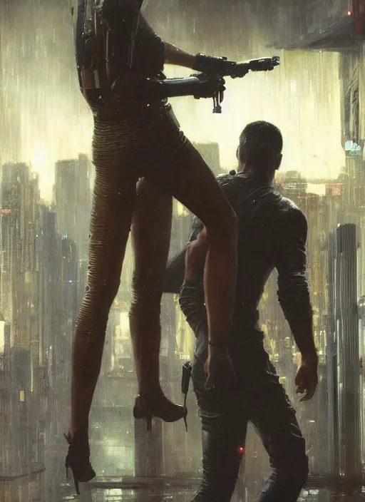 Image similar to blade runner fighting androids ( blade runner 2 0 4 9, cyberpunk 2 0 7 7 character design ). orientalist portrait by john william waterhouse and james gurney and theodore ralli and nasreddine dinet, oil on canvas. cinematic, hyper realism, realistic proportions, dramatic lighting, high detail 4 k