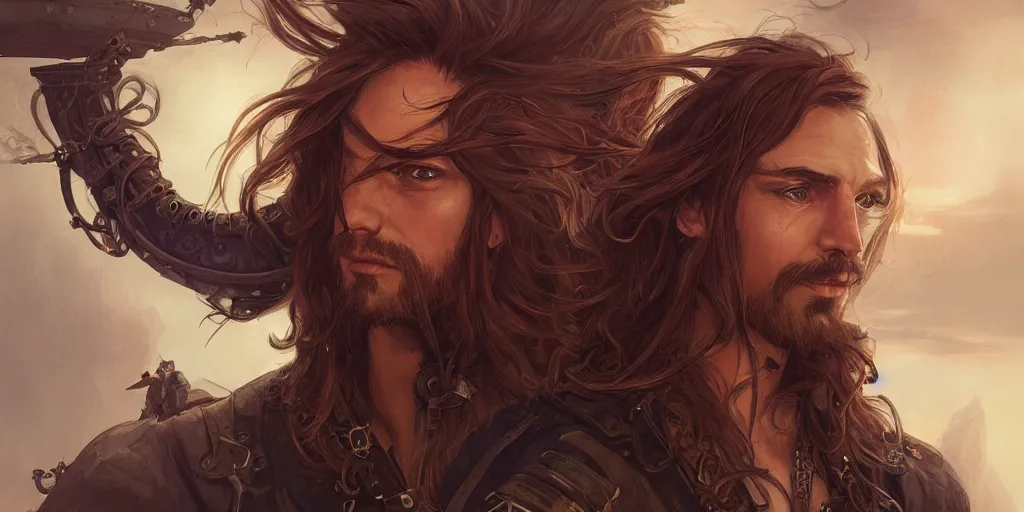 Image similar to 3 / 4 headshot of male airship pirate, d & d, handsome, fantasy, intricate, long hair, airship, steampunk, red hair, elegant, highly detailed, digital painting, artstation, concept art, smooth, sharp focus, illustration, art by artgerm and greg rutkowski and alphonse mucha