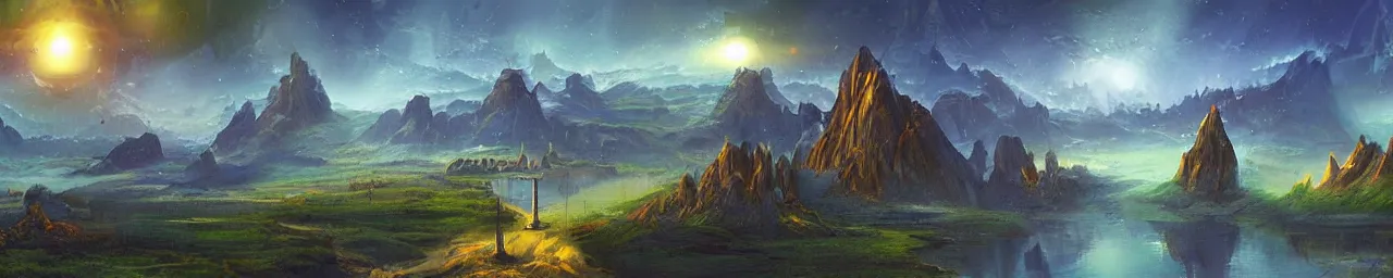 Image similar to retro sci-fi fantasy landscape