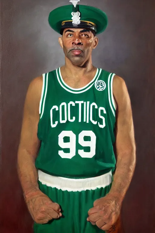 Prompt: full body portrait of the dictator of the boston celtics, 1 9 5 5, in full military garb, oil on canvas by william sidney mount, trending on artstation