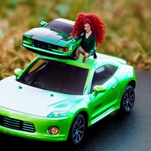Image similar to a red haired woman driving a Jada toys mitsubishi eclipse green diecast car, high resolution macro photo