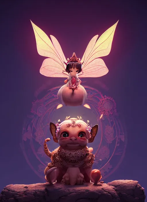 Prompt: symmetry!! a close - up octane render of a tiny cute oriental fairy tale pet mascot toys,, magic, intricate ， smooth line, light dust ，, unreal engine, mysterious dark background, warm top light, loish, rhads, ferdinand knab, greg rutkowski, dan mumford, wlop, beeple ，