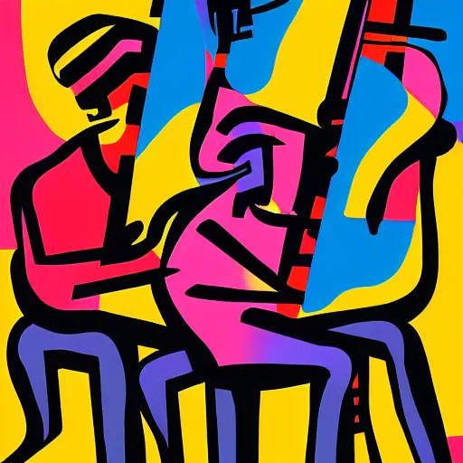 Prompt: 3 jazz musicians, head and shoulders playing with musical notes as abstract art in the style of Stuart Davis, texture, matte illustration, gradient